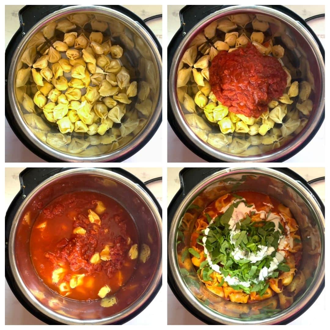 Cheese tortellini from frozen cooking in the instant pot along with marinara sauce, spinach and cream