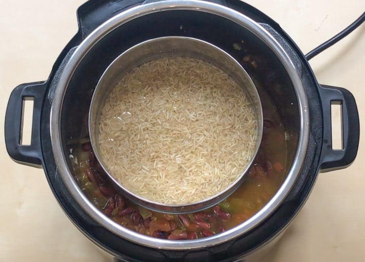 Red Kidney Beans Curry. Rajma Instant Pot - Piping Pot Curry-9 Rajma with pot-in-pot brown rice ready to be cooked in the instant pot