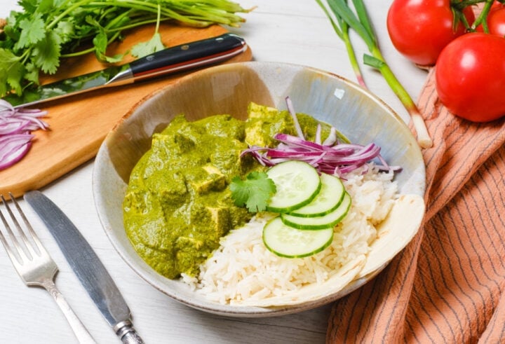 Indian Spinach Tofu Curry in a bowl served with rice