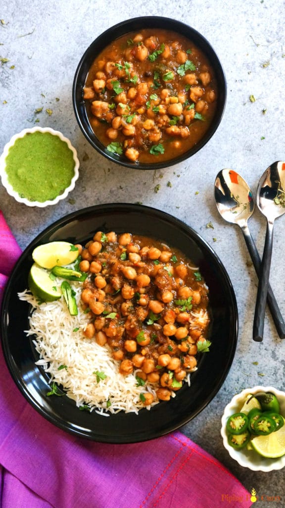 Instant Pot Chana Masala served along with basmati rice.