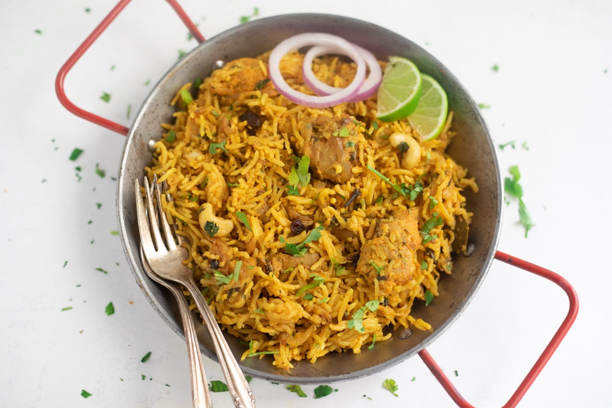 Chicken biryani in a pot