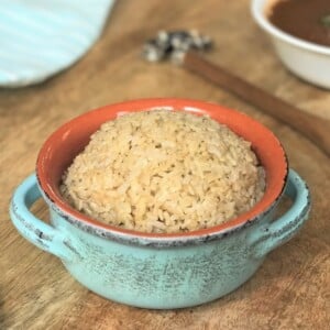 Brown rice in a blue bowl