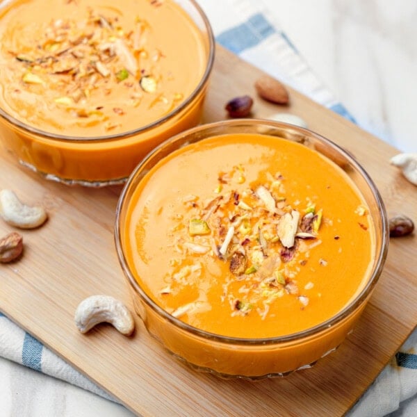 Vibrant Carrot Kheer (Payasam) served in two bowls