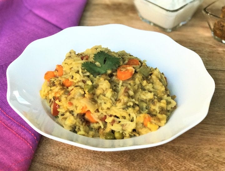 Lentil and Vegetable khichdi in a white bowl