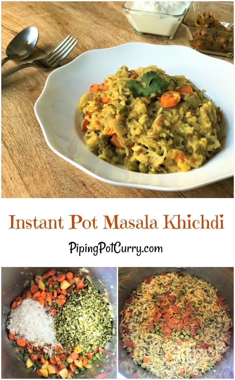 Lentil & Vegetable Khichdi or Masala Khichdi recipe made in Instant Pot or Pressure Cooker. A one-pot vegetarian comfort meal made with lentils, rice and vegetables along with simple spices and ghee | #khichdi #instantpot #pressurecooker #moongdal #lentils #rice #vegetarian #spices #ghee #glutenfree #recipe #punjabi #masala #healthy #easy | pipingpotcurry.com
