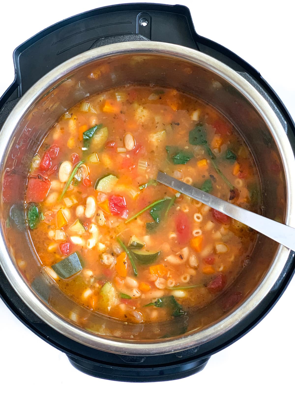 Minestrone Soup in the instant pot with vegetables, pasta and spinach