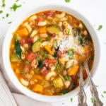 vegetable and pasta minestrone soup in a bowl