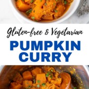 Ready to serve Indian pumpkin curry in a white bowl