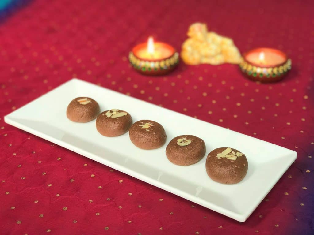 Chocolate Peda on a white plate