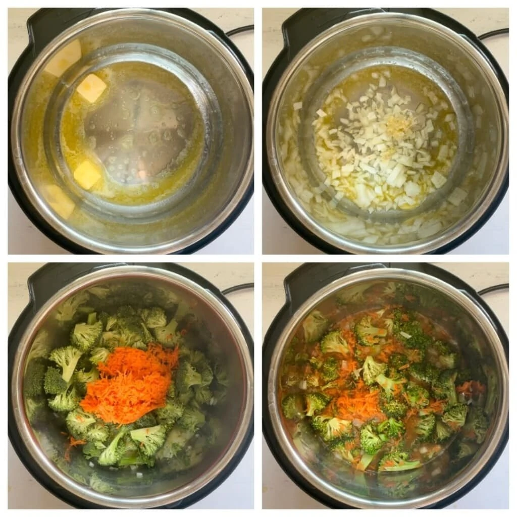 Steps to make a soup with onions, broccoli, carrots, and broth