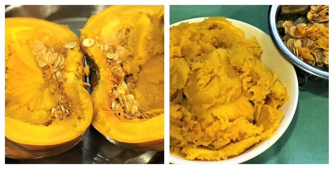 scraping out puree from a cooked whole pumpkin