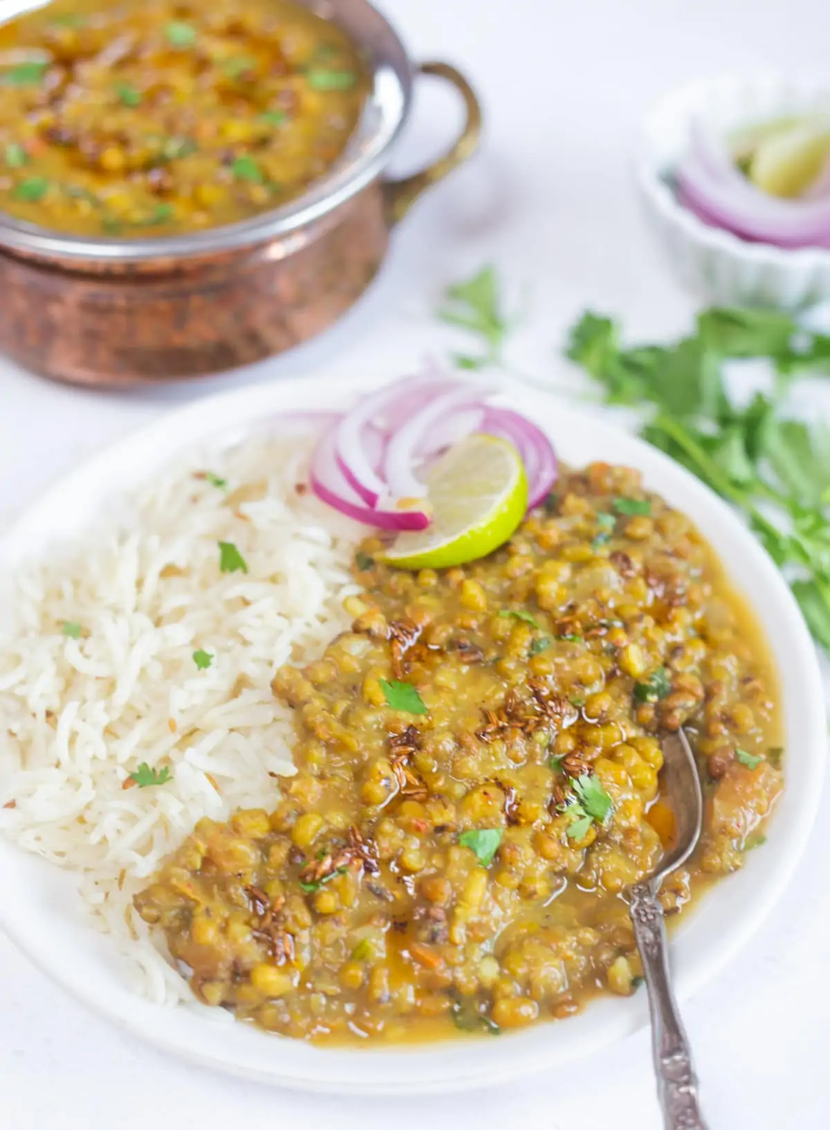 Green Moong Dal with rice topped with a tempering of ghee and cumin seeds