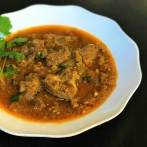 Goat Curry in a white plate with cilantro on side