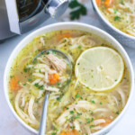 Lemon chicken orzo soup made in the instant pot in 2 bowls