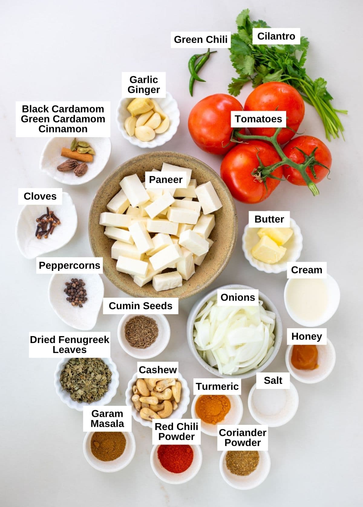 Ingredients to make paneer butter masala
