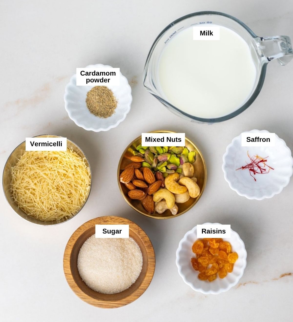 Ingredients to make seviyan kheer (vermicelli payasam)