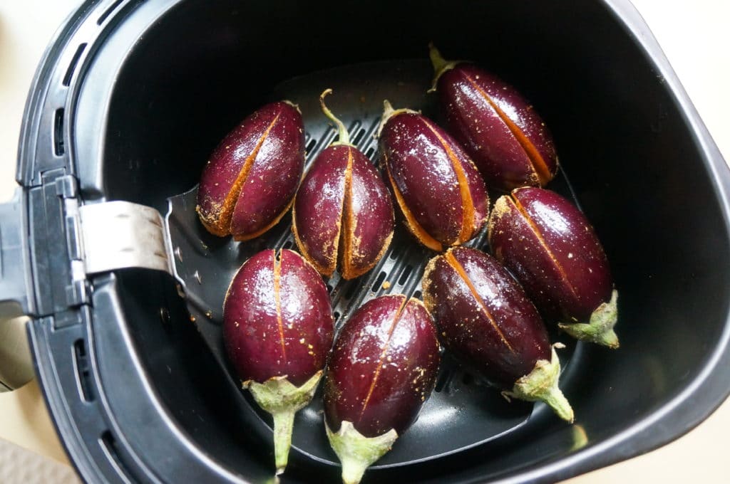 Air Fryer Stuffed Eggplant. Bharwan Baingan. Place spice stuffed eggplant in air fryer