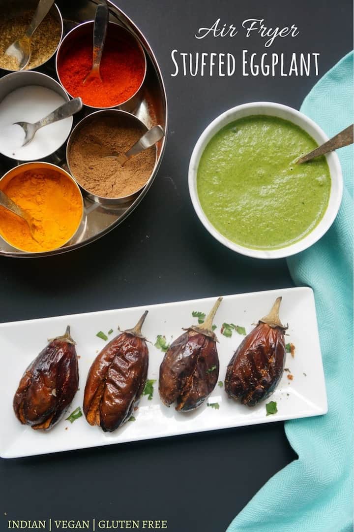 Air Fryer Stuffed Eggplant are delicious, made with baby eggplants stuffed with aromatic and flavorful spices. You can enjoy them as an appetizer or with your meal as a side | #eggplant #stuffed #airfryer #roasted #healthy #vegan #glutenfree #indian | pipingpotcurry.com