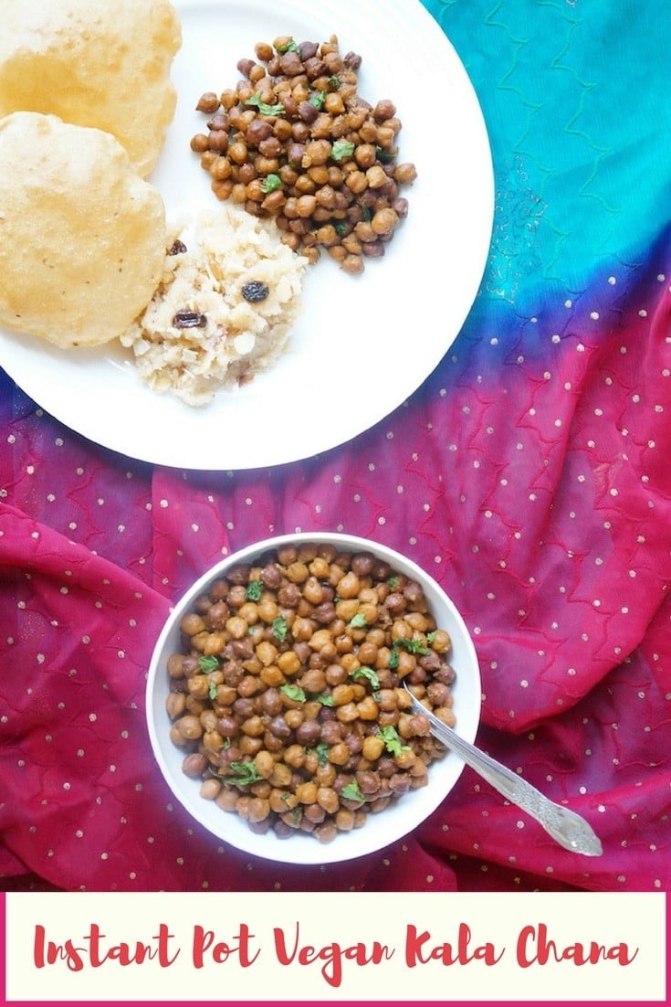 Instant Pot Black Chickpeas or Sookha Kala Chana - This is an easy Indian dish made during the festival of Navratri. It is vegan, gluten free and high protein. Enjoy it the traditional way with Halwa and puri, or make a salad with chopped veggies | #kalachana #instantpot #pressurecooker #blackchickpeas #sundal | pipingpotcurry.com