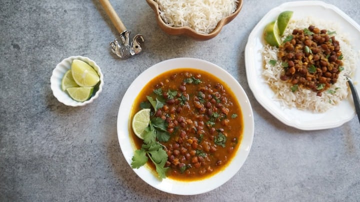 Kala Chana / black chickpea curry in a white bowl