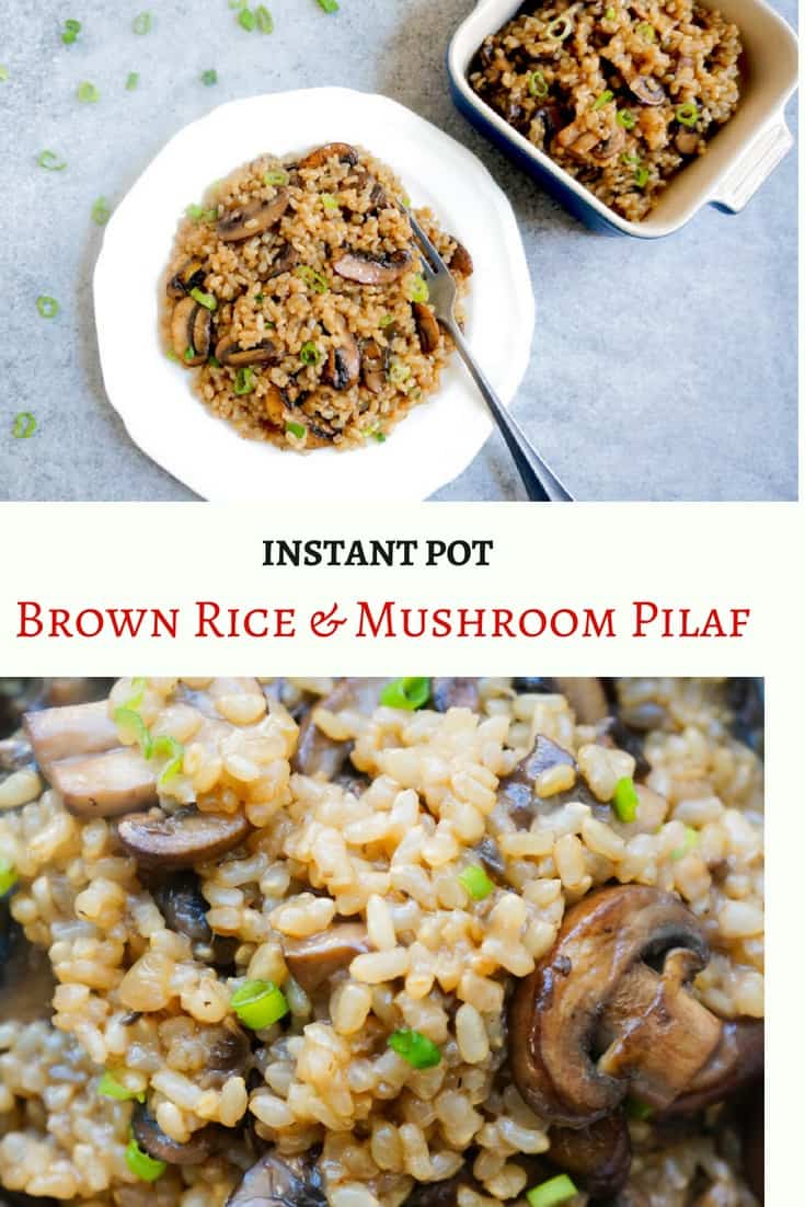 Easy & Delicious Brown Rice and Mushroom Pilaf. A flavorful one-pot dish with just 5 main ingredients. It is perfect to make on a weeknight and enjoy as a side or even as a whole meal | #brownrice #rice #mushroom #pilaf #pulao #vegetarian #vegan #glutenfree #instantpot #pressurecooker #onepot #ad #perfectlyimperfectproduce | pipingpotcurry.com