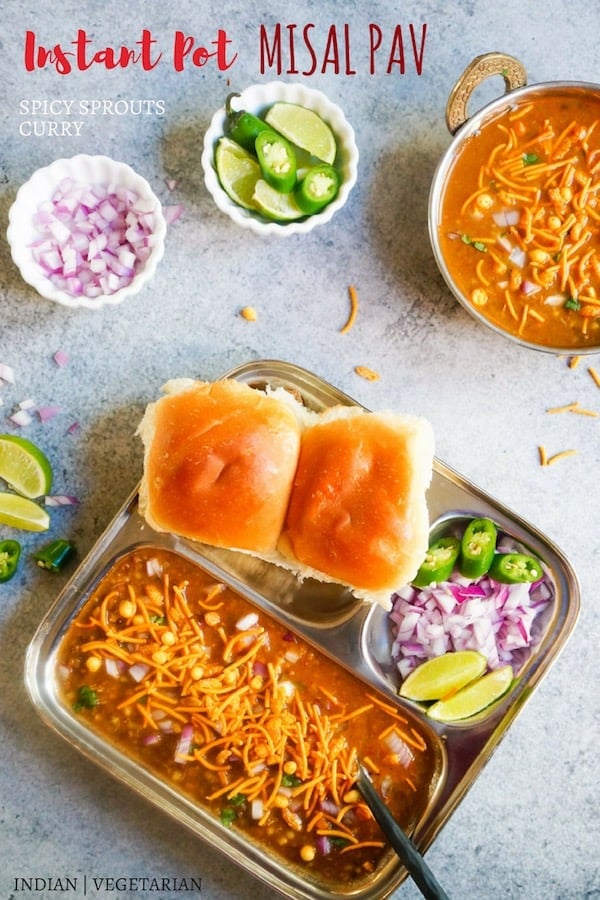 A delicious Mumbai breakfast, Misal Pav made as a one-pot recipe in the Instant Pot. Misal is a spicy sprouts curry cooked with onions, tomatoes, ginger, garlic and coconut. This is then topped with onions, lemon juice, farsan and enjoyed with pav (dinner rolls) | #misal #usal #pav #indian #mumbai #streetfood #curry #instantpot #pressurecooker #vegetarian | pipingpotcurry.com