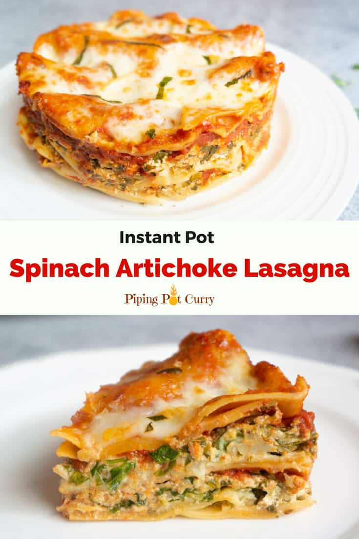 A healthy vegetarian lasagna with lots of fresh spinach, Reese Marinated Artichokes and cheese layered between noodles. Step out of your comfort zone and try this delicious lasagna in the instant pot | #ad #instantpot #pressurecooker #lasagna #spinach #artichoke #vegetarian #easy #recipe #vegetable #ricotta #veggie #homemade #fortwo #meatless #pasta #noboil #reesespecialty #StepOutOfYourComfortFood | pipingpotcurry.com