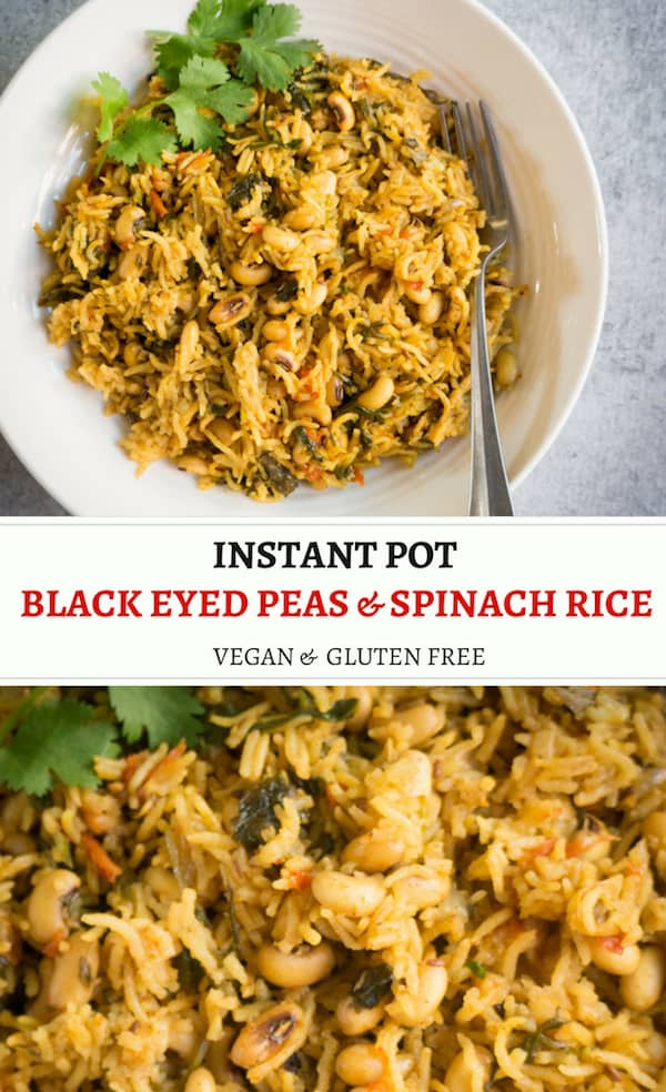 One-pot Black-Eyed Peas and Spinach Rice is a healthy and wholesome dish, perfect for weeknight meals. This #vegetarian and #glutenfree dish is easy to make in the #InstantPot or #PressureCooker | #blackeyedpea #rice #spinachrice #spinach #greens #hoppinjohn #newyears #recipe #goodluck #dinner #hearty #healthy #indian | pipingpotcurry.com