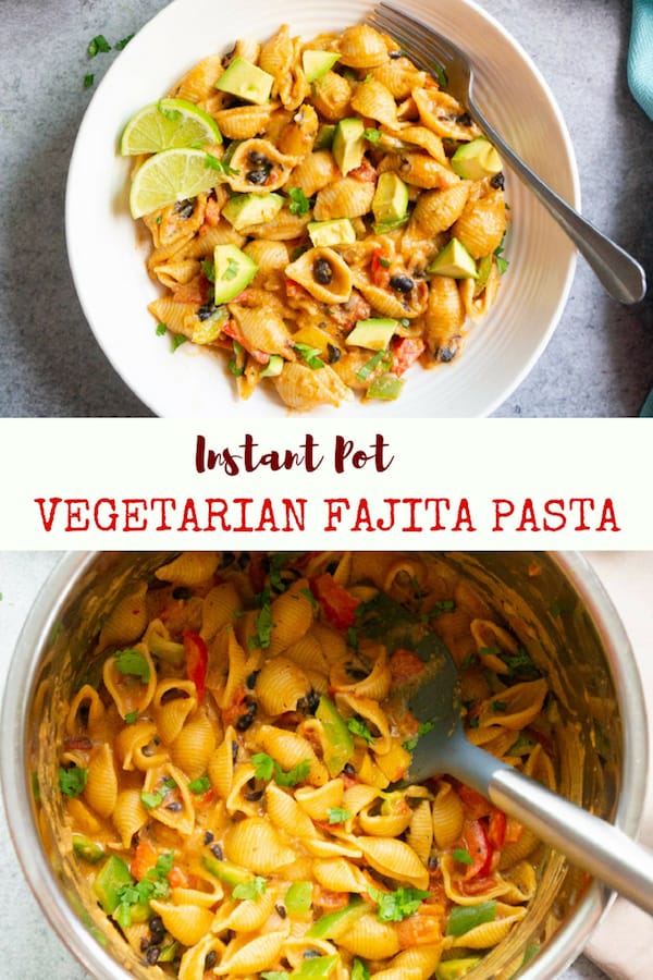 Loaded with veggies and lots of flavor, this one-pot Vegetarian Fajita Pasta is our favorite pasta dinner. Fire-roasted tomatoes, black beans, colorful bell peppers, sour cream and cheese make this a healthier pasta dish | #onepot #instantpot #vegetarian #healthy #mexican #pressurecooker | pipingpotcurry.com
