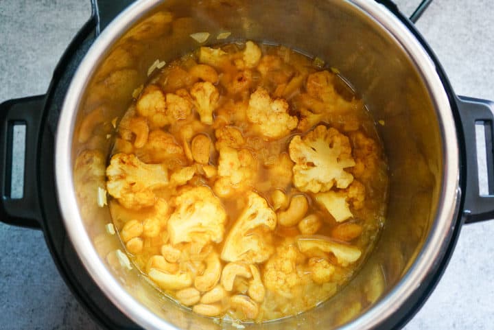 Onions, Cauliflower, Cashews and Spices cooked in Instant Pot to make Turmeric Cauliflower Soup