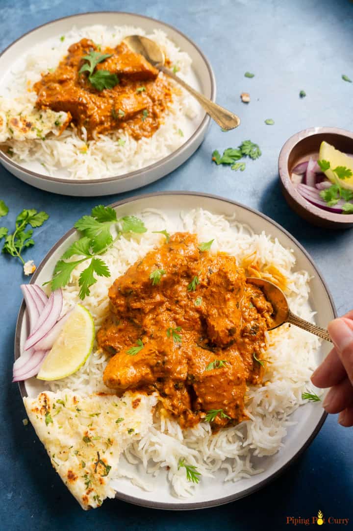 Instant Pot Chicken Tikka Masala served with rice and naan 