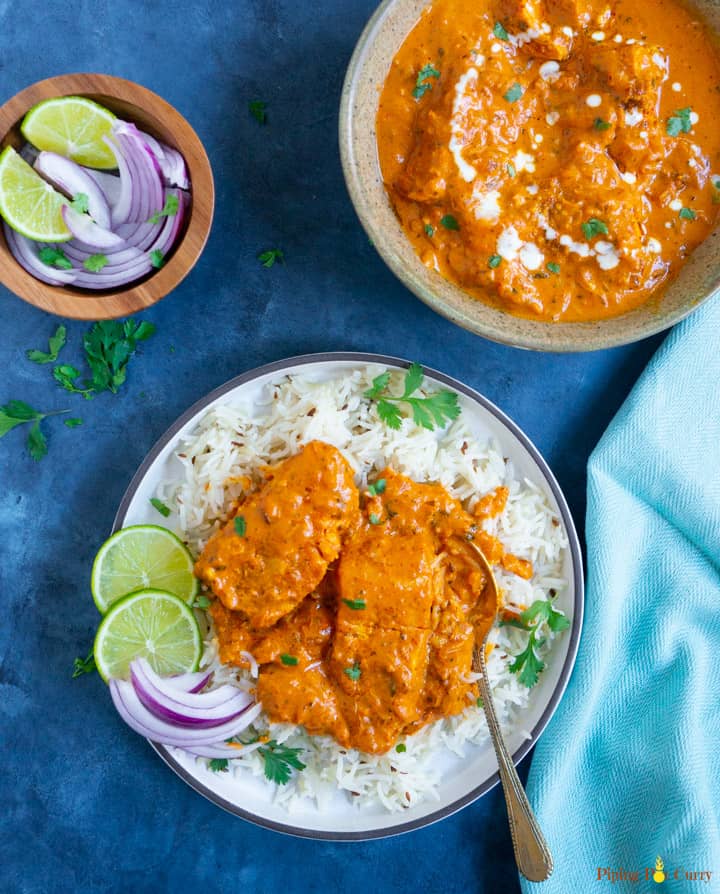 Instant Pot Salmon Tikka Masala served over basmati rice 