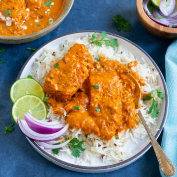 Instant Pot Salmon Tikka Masala served over basmati rice