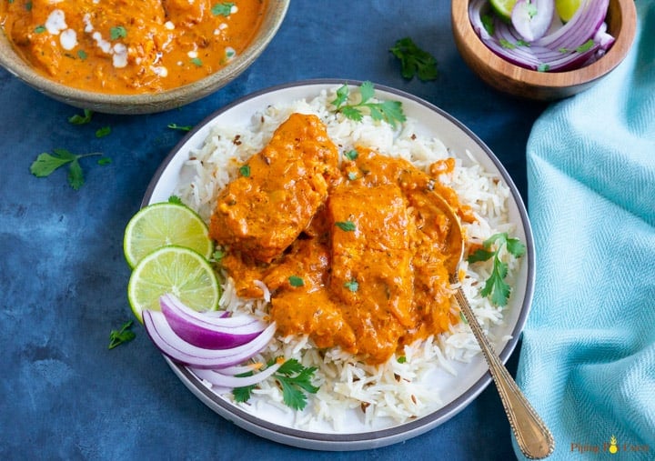 Instant Pot Salmon Tikka Masala served over basmati rice