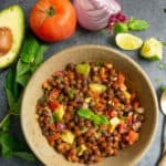 Kala Chana Chaat, is a nutrition packed Black Chickpea Salad made with black chickpeas, crunchy onions, tomatoes, avocado and spices. This refreshing salad has fresh and tangy flavors, and can be enjoyed as a great protein rich breakfast or snack.