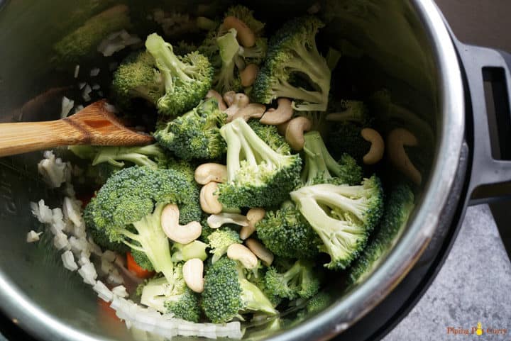 Pressure Cooker Cream of Broccoli Soup - Step 2 add beoccoli cashews broth Pressure Cooker Cream of Broccoli Soup - Step 2 add beoccoli cashews broth