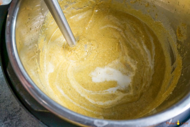 Pressure Cooker Cream of Broccoli Soup - Step 3 add coconut milk and puree using an immersion blender 