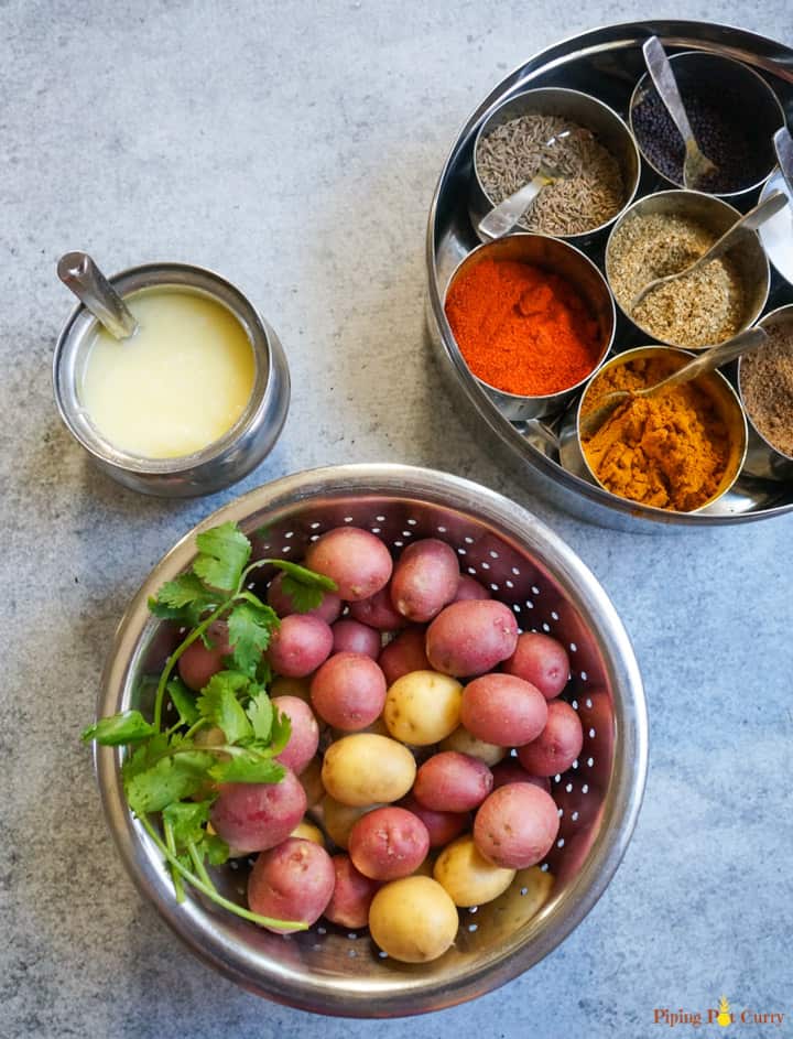 Ingredients for Spicy Bombay Potatoes - baby potatoes, spices and oil/ghee