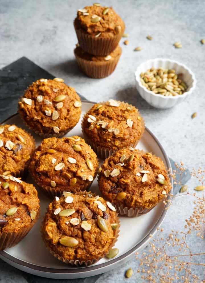 Healthy Whole Wheat Pumpkin Muffins in a white plate