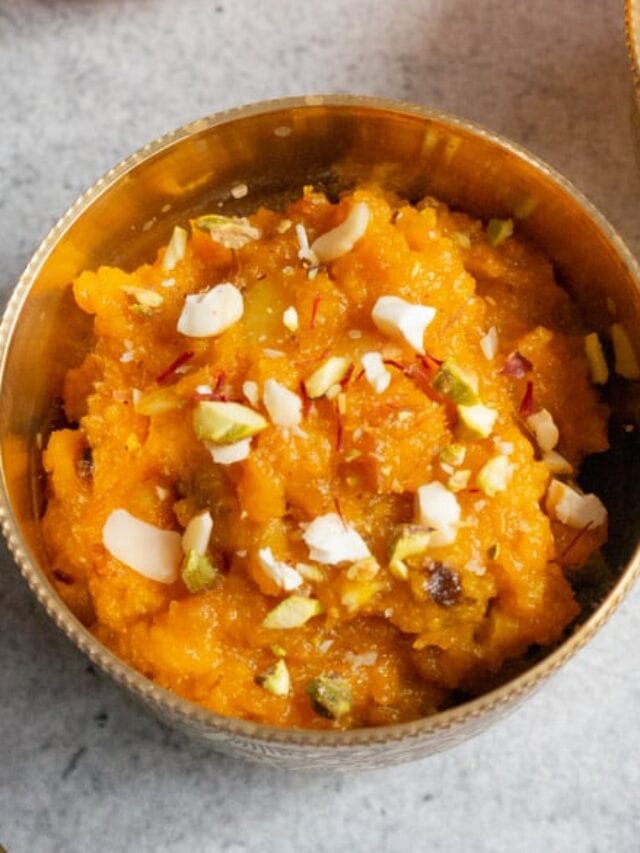 Coconut pumpkin halwa in a golden bowl