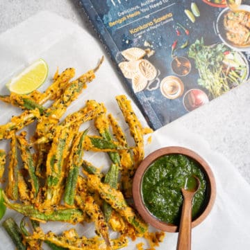 Crispy Fried Okra / Kurkuri Bhindi with green chutney and the cookbook