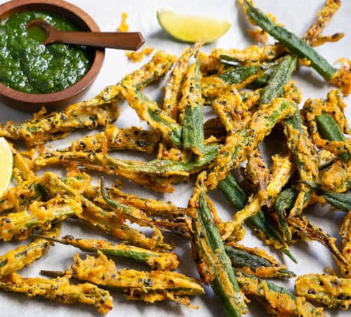 Kurkuri Bhindi or Crispy fried okra with green chutney to dip