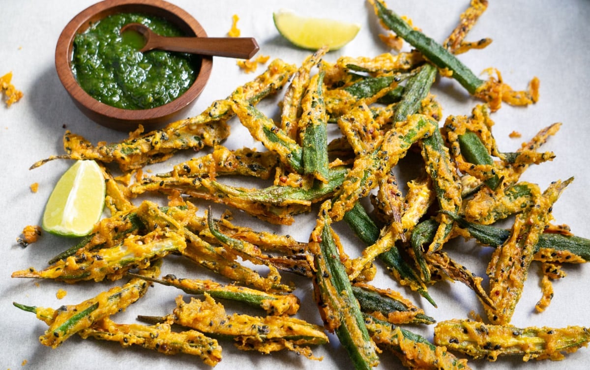 Kurkuri Bhindi or Crispy fried okra with green chutney to dip