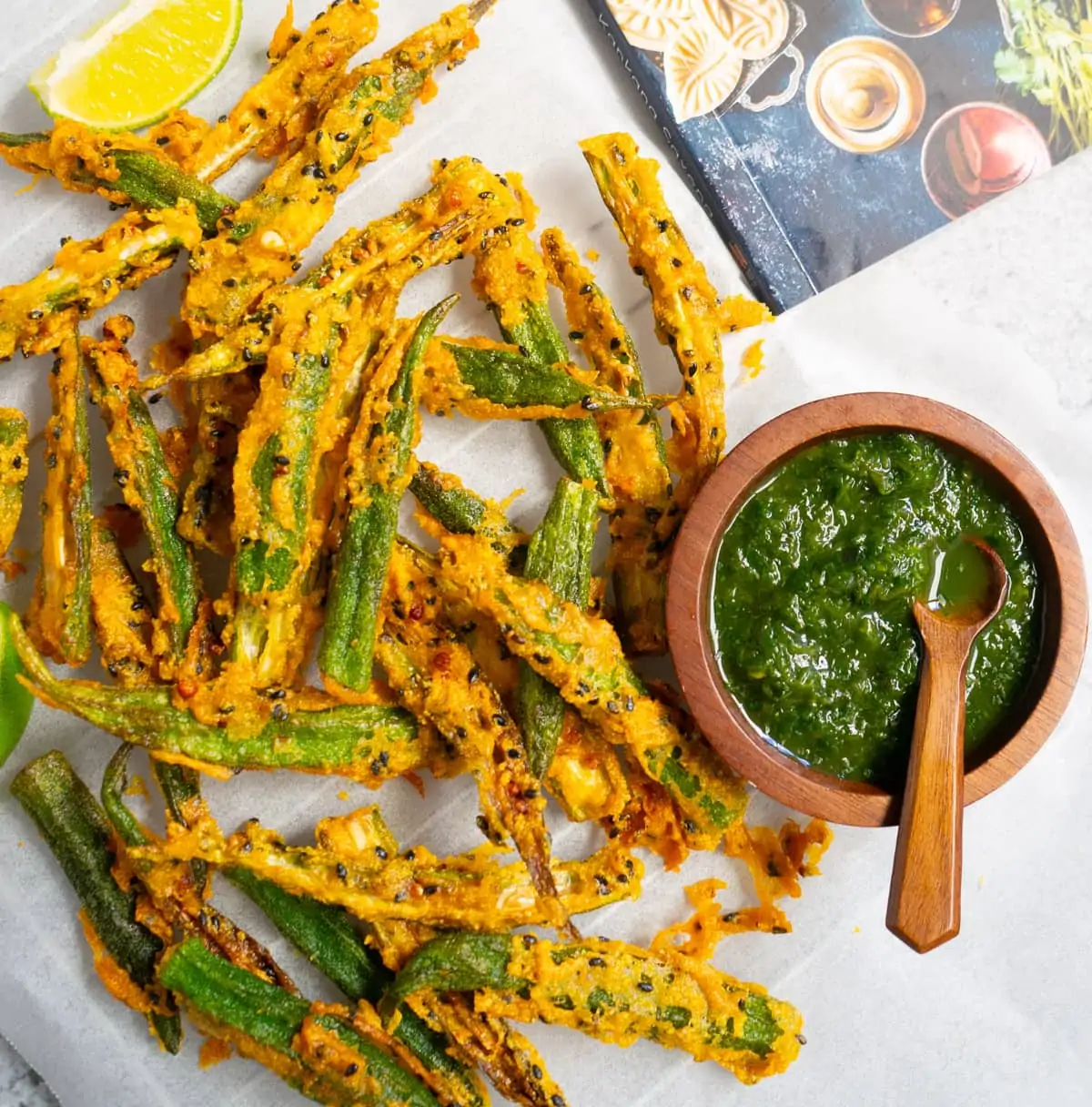 Kurkuri Bhindi, crispy bhindi fry served with green chutney