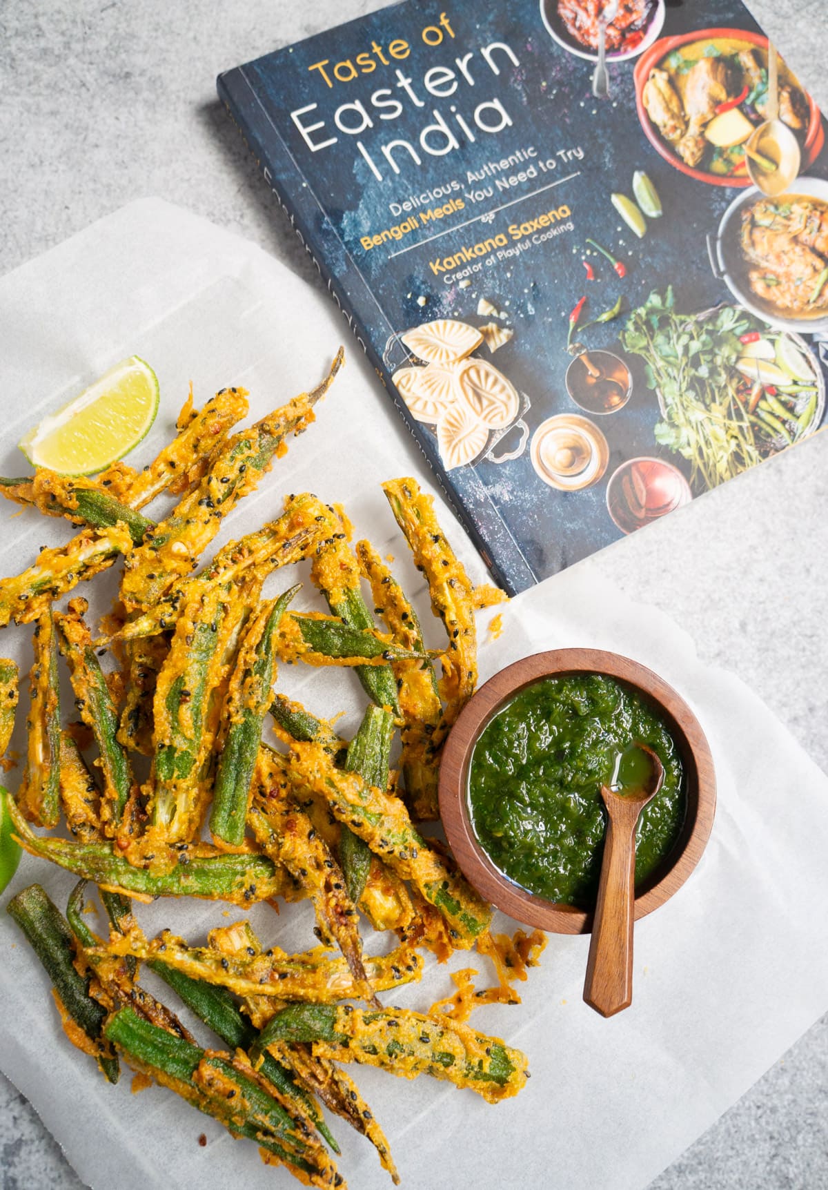Crispy Fried Okra / Kurkuri Bhindi with green chutney and the cookbook