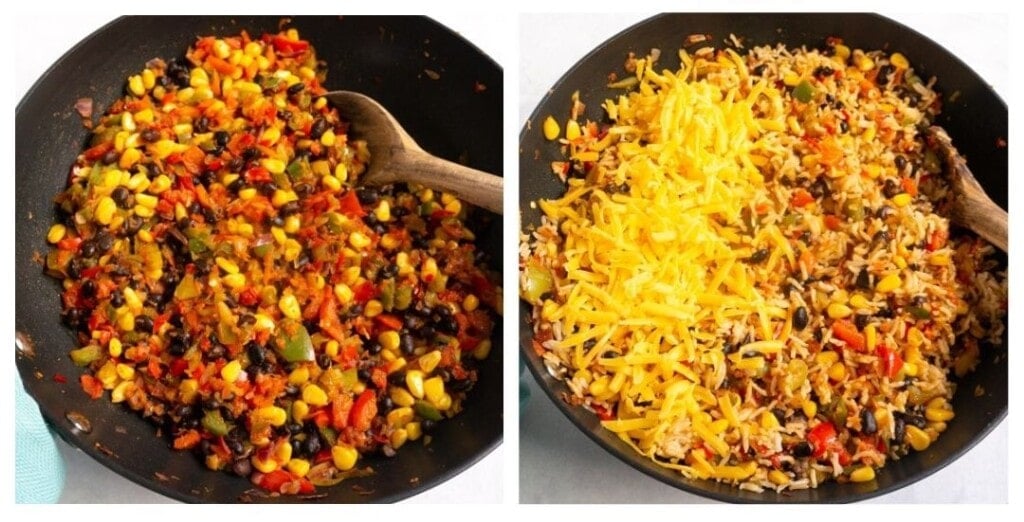 Rice, beans, veggies and cheese in a pan