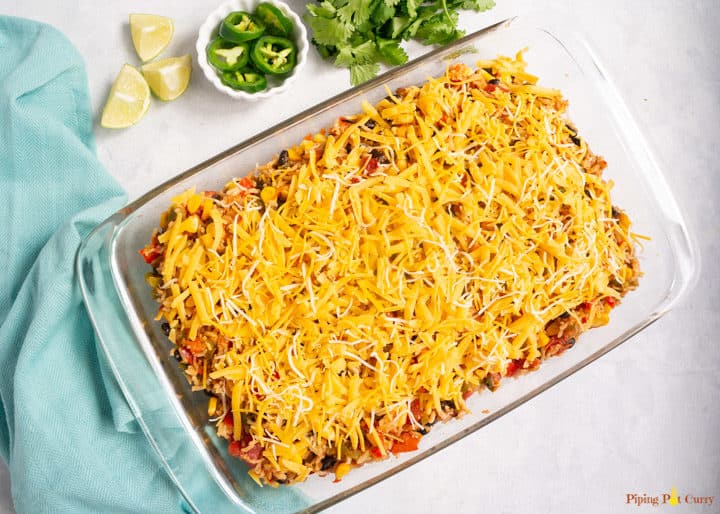 Vegetarian Mexican Casserole with Rice & Beans - Casserole ready to bake