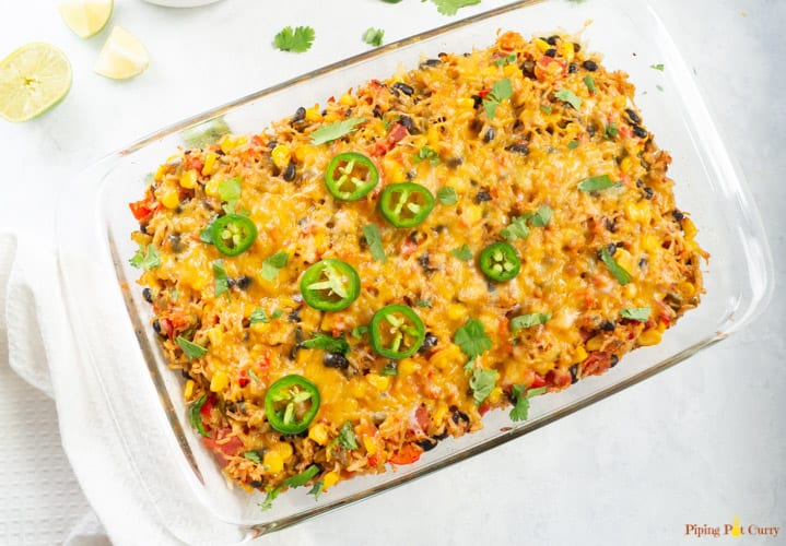 Vegetarian Mexican Casserole with Rice & Beans - Casserole after baking