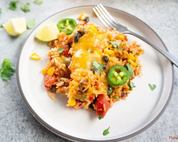 Vegetarian Mexican Casserole with Rice & Beans - Served on a plate