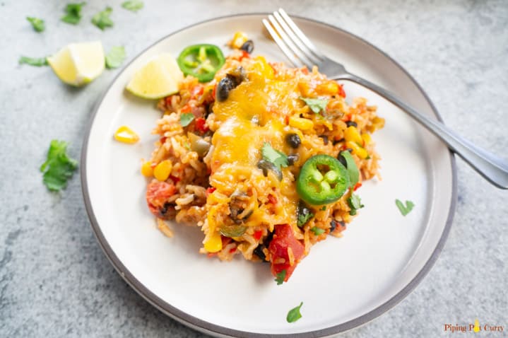 Vegetarian Mexican Casserole with Rice & Beans - Served on a plate